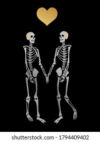 illustration with two skeletons in love on the theme of love and relationships.