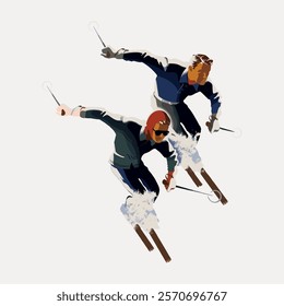 Illustration of two skiers racing downhill. Both are wearing winter gear and goggles. Snow sprays as they ski. Dynamic skiing action captured in art. Vintage illustration isolated on white, vector.