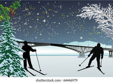 illustration with two skiers under night sky