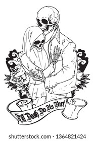Illustration of two skull hugging and loving each other.