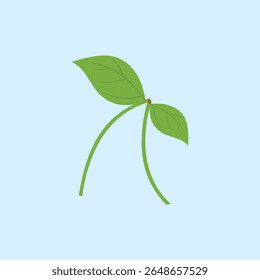 Illustration of two small green leaves with long stems on a light blue background, symbolizing growth, freshness and the beginning of life in a natural and simple nuance.