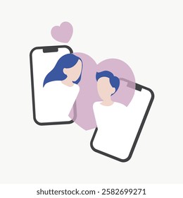 Illustration of two smartphones with avatars, a man and a woman, connected by a heart. Digital connection, online dating, virtual relationship concept. Valentine's Day illustration vector.