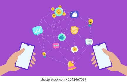 Ilustración de dos teléfonos inteligentes rodeados de iconos conectados, incluidos emojis, pulgares hacia arriba, notificaciones y burbujas de chat. Ideal para temas de comunicación en línea, redes sociales