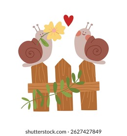 Illustration two snails on a fence are in love. Meeting of lovers. Spring of flowering plants, love. Color flat illustration. Suitable for spring postcards, prints, blog design, children's books