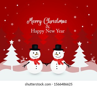 Illustration of two snowman in winter. Red background with snowflakes. Santa claus is flying in the sky. Merry Christmas and Happy New Year.