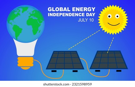 ilustración de dos paneles solares y ilustración solar y bombilla en forma de globo y texto en negrita para conmemorar el Día Mundial de la Independencia Energética 10 de julio
