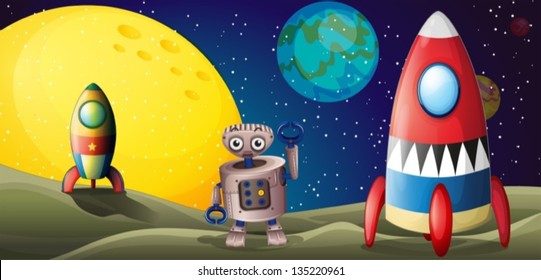 Illustration of the two spaceships and a robot in the outer space