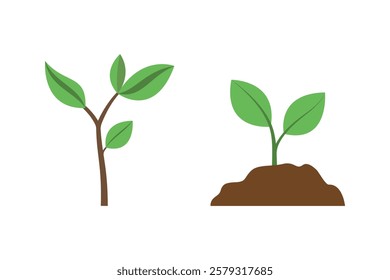 Illustration of two sprouts: one with a brown stem, the other with the ground, green leaves on a white background.
