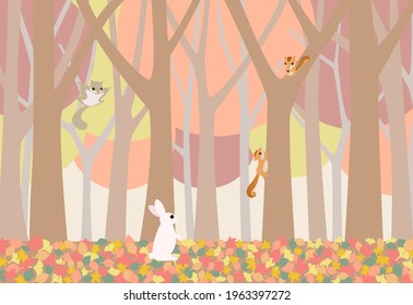 Illustration of two squirrels, a flying squirrel and a rabbit preparing for winter in the autumn foliage forest. Vector illustration.