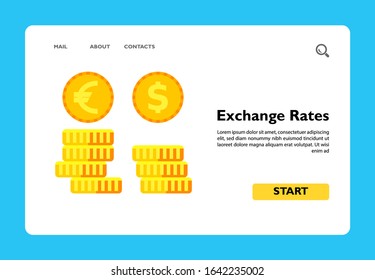 Illustration of two stacks of coins with euro and dollar signs. Exchange rates, finance, stock exchange, bank. Economics concept. Can be used for topics like economics, money, banking, finance