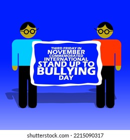 Illustration of two standing people holding banners with bold text on gradient background to commemorate International Stand Up to Bullying Day on Third Friday In November