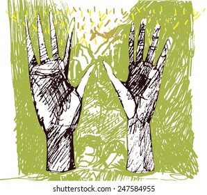 Illustration of two standing up, cut out hands. Hand made drawing on green, textured background with cave painting influence.