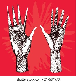 Illustration of two standing up, cut out hands. Hand made drawing on red background.