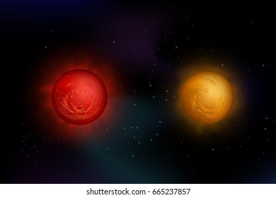 Illustration with two stars: red giant and red super giant on space background with stars. Made of gradient meshes, fully editable.
