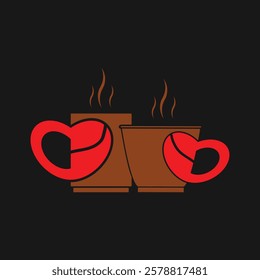 Illustration of two steaming coffee cups with red heart-shaped handles, representing love and companionship. Suitable for themes of romance, coffee culture, and togetherness.