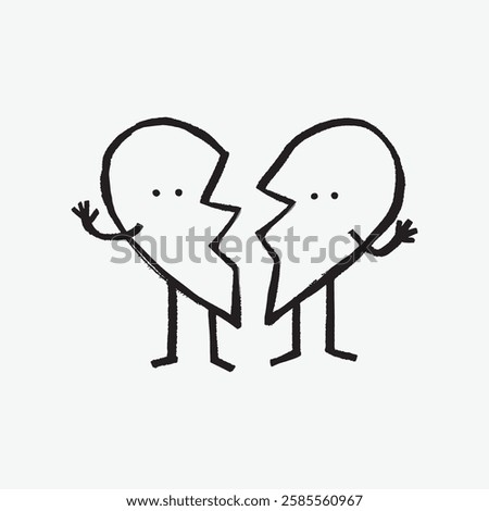 Illustration of two stick figures as broken heart halves, symbolizing a broken heart, separation, or friendship. Simple, black and white design. Valentine's Day illustration vector.