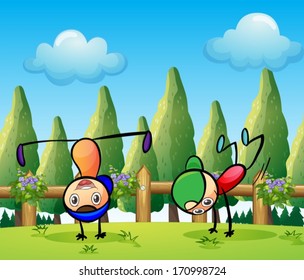 Illustration of the two stickmen playing near the pine trees