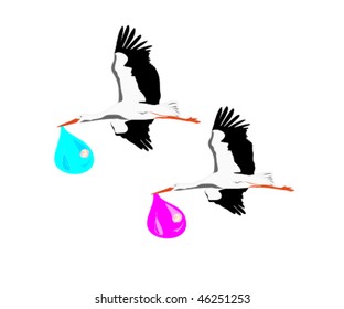 illustration of two storks bringing twins to their parents
