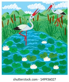 Illustration two storks on a lake in reeds and water-lilies