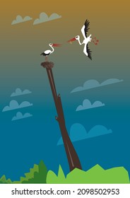 illustration of two storks, one flying and one in the nest