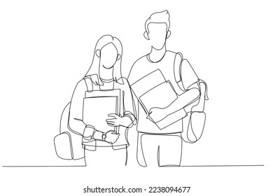 Ilustración de una pareja de estudiantes parados mientras sostienen libros y llevan una bolsa. Estilo de arte de una sola línea
