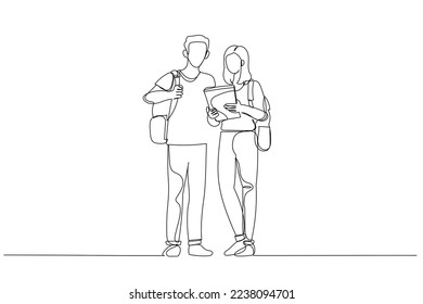 Ilustración de dos estudiantes con tablet y mochila posando juntos. Estilo de la línea continua única
