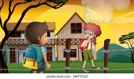 Illustration of the two students talking near the barbwire fence