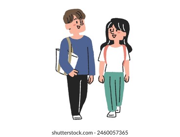Illustration of two students walking side by side Comical hand-drawn figures Vector, color on line drawing