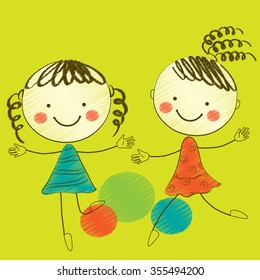 Illustration of two styled little dancing girls on a green background 