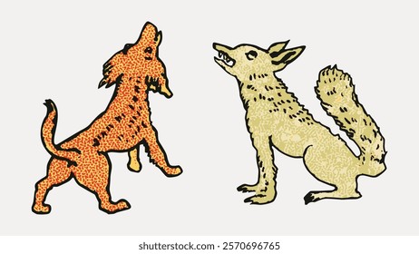 Illustration of two stylized animals, one orange and one beige, both howling. The orange animal and beige animal are depicted in a playful, artistic style. Vintage illustration isolated, vector.