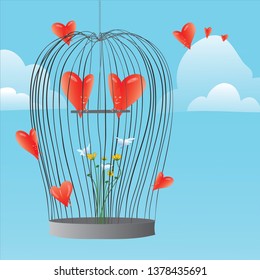 Illustration of two stylized cartoon hearts in the cage with flowers growing on the bottom, smaller hearts with white wings flying around and more bigger red hearts trying to enter from the outside