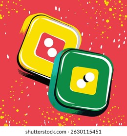 Illustration of two stylized dice with rounded edges and bright colors on a speckled red background design