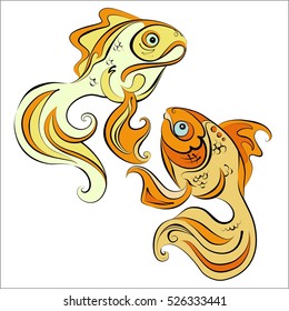 Illustration of two stylized gold fish on white background