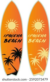Illustration of two surfboards in summer colors, with a print of Ipanema beach