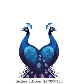 Illustration of two symmetrical peacocks with vibrant blue feathers and intricate design details