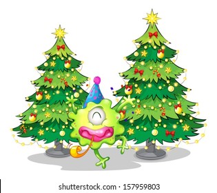 Illustration of the two tall christmas trees at the back of a happy green monster on a white background