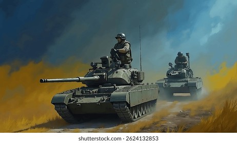 Illustration of two tanks and tank crews driving through a field on a blue and yellow foggy background in vector.