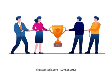 Illustration of two teams pulling a rope. Vector. Competitions between businessmen. Metaphor. Team sport. The battle for trophies, money and success. Conflict of interests of two businesses.
