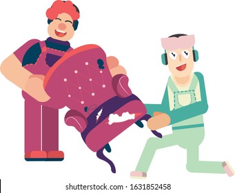 An Illustration Of Two Technicians Helping Each Other To Pull Up A Broken Chair. A Repairman And A Cool Boy Colorful Vector Illustration, This Illustration Can Use As A Sticker Also. 