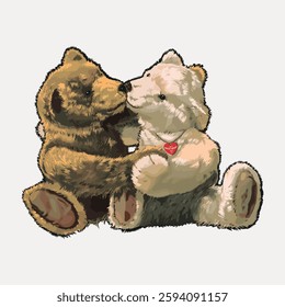 Illustration of two teddy bears, one brown and one white, sitting together. The white bear wears a red heart tag. Cute and cuddly teddy bears illustration. Vintage illustration vector.