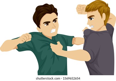 Illustration of Two Teenage Guys Arguing and Punching Each Other