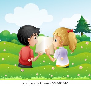 Illustration of the two teenagers in the hill with an empty book