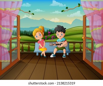 Illustration of two teenagers playing guitar and singing on the balcony of the house