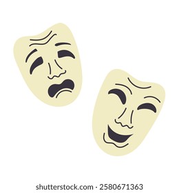 Illustration of two theatrical masks representing comedy and tragedy, symbolizing drama and performance arts, suitable for cultural or artistic projects. Vector flat isolated drawing