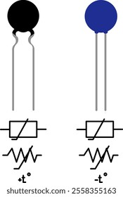 Illustration of two thermistors with corresponding circuit symbols, showcasing their physical appearance and schematic representation. Useful for educational and technical materials