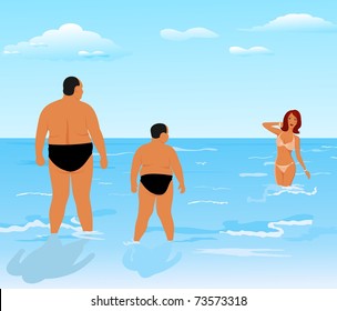 Illustration two thick men (father and son) look at beauty girl - vector