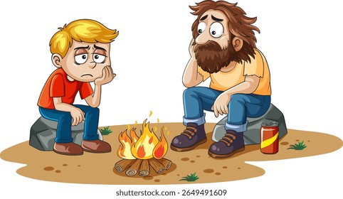 Illustration of two thoughtful characters sitting by a campfire, surrounded by a simple outdoor setting