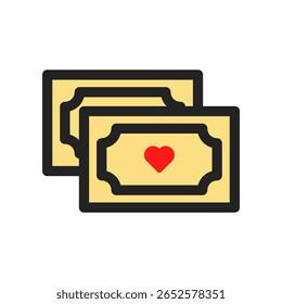 Ilustração de dois ingressos com coração ícone que representa o romance e entretenimento