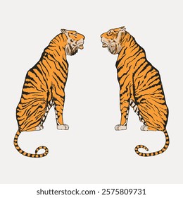 Illustration of two tigers facing each other. The tigers have orange and black stripes. Both tigers are sitting, showcasing their majestic presence. Vintage art drawing, isolated vector element.