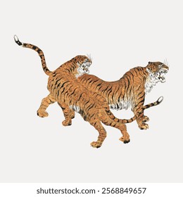 Illustration of two tigers walking together. The tigers have detailed fur patterns. The tigers are depicted in a traditional art style, showcasing their majestic presence. Vintage vector element.